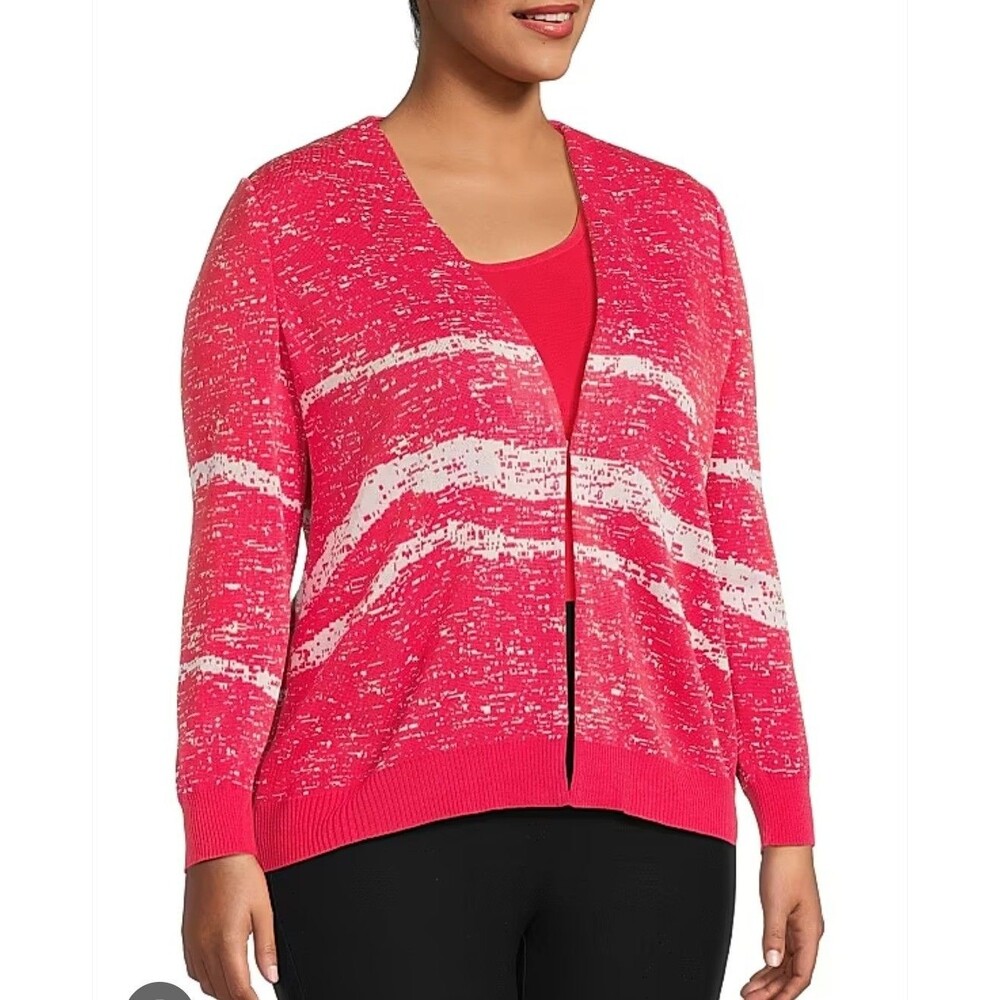 Ming Wang Abstract V-Neck Knit Jacket Women's XL Red White Classic Long Sleeves